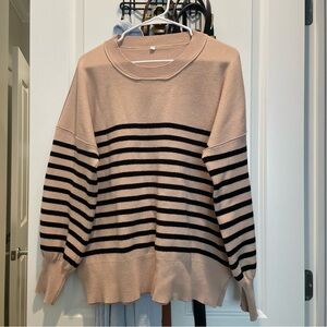 Tan and Black Striped Crewneck Sweater
